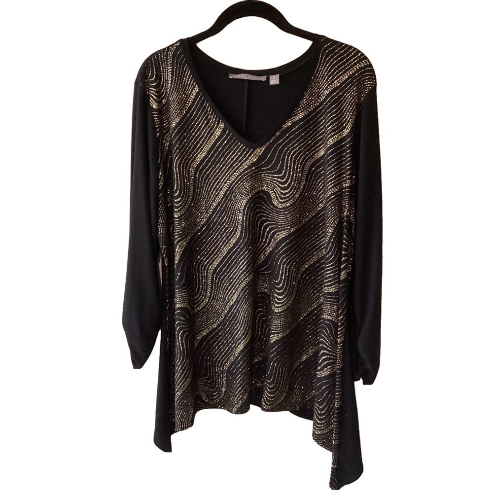 Valerie Stevens Black Shark Bite Hem Blouse Gold Glitter Embellished XL